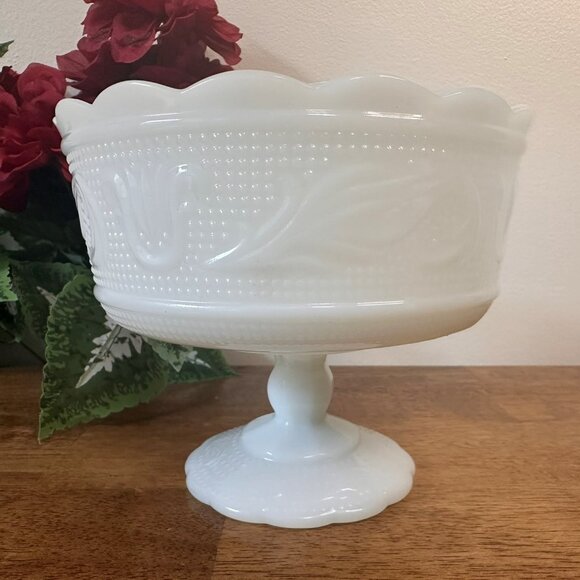 Vintage Milk Glass Grape Compote Bowl Footed Panelled Candy‎ Dish Fruit Centre - Picture 1 of 6